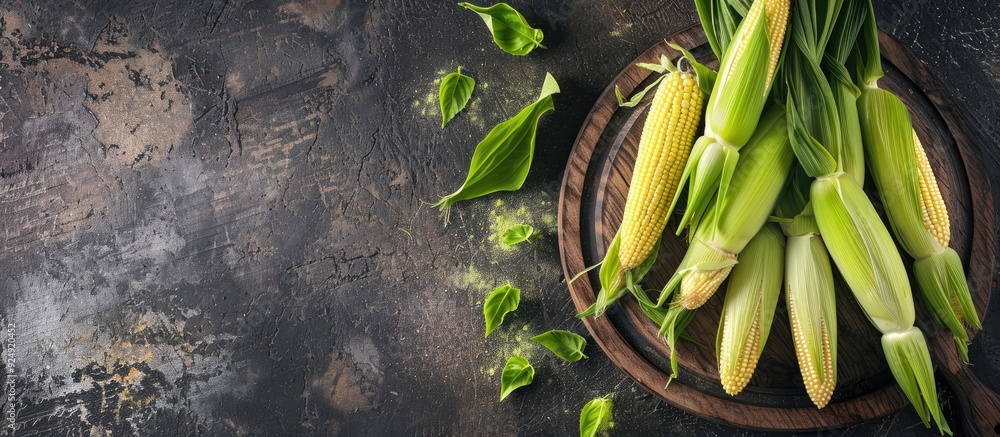 Poster elegant rustic style composition with raw baby corn on wooden board viewed from the top and side aga