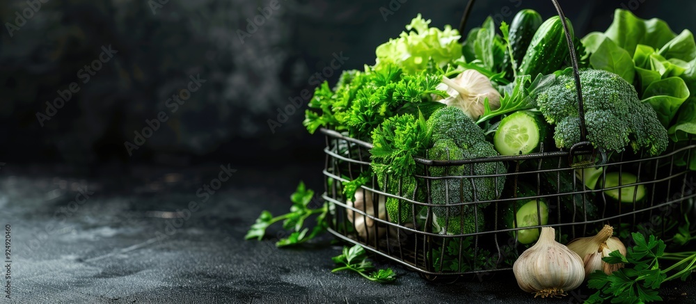 Poster a metal basket filled with a variety of green vegetables like spinach cucumber broccoli garlic parsl