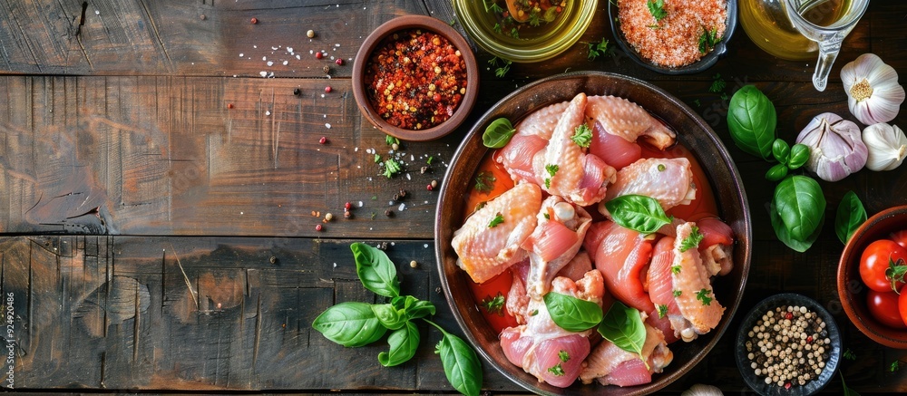 Aufkleber Rustic wooden table setup with marinade raw chicken wings and various items for a flat lay composition providing ample copy space image