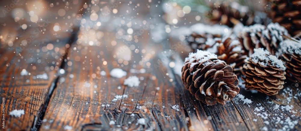 Poster fake snow covers fir cones placed on a rustic wooden table with a copy space image