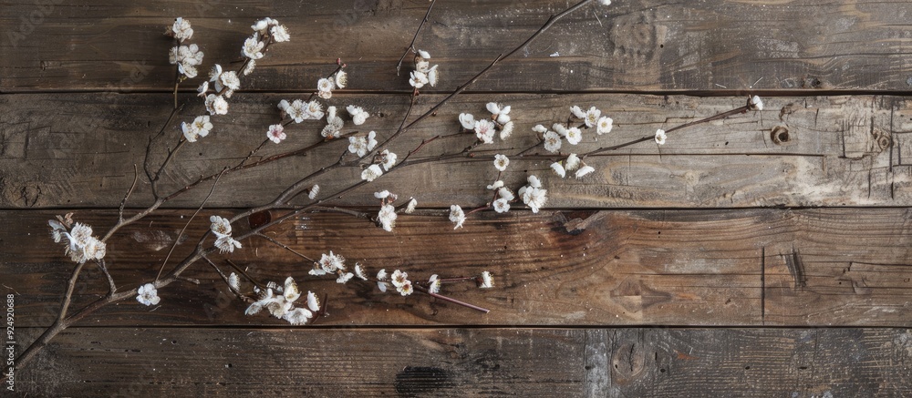 Aufkleber Minimalistic top down view of a willow tree branch with blooming flowers on a rustic wooden surface providing ample space for images or text