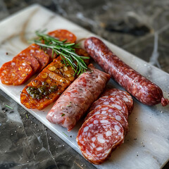 Smoked delicacies salami sausages fillets on a marble stone board