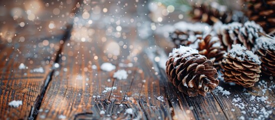 Fake snow covers fir cones placed on a rustic wooden table with a copy space image