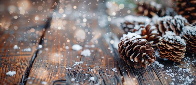 Fake snow covers fir cones placed on a rustic wooden table with a copy space image