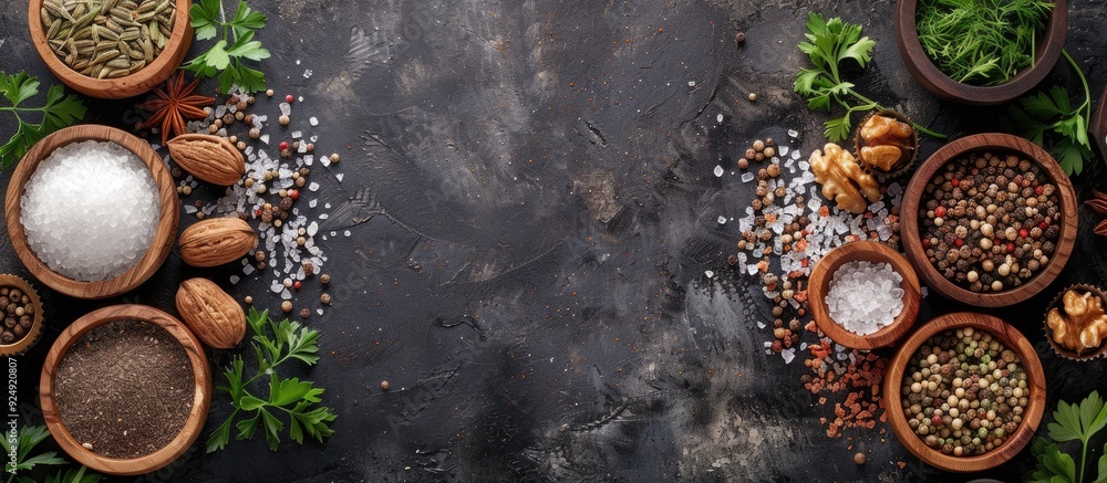 Poster Various spices displayed on a dark backdrop encircled by wooden boxes holding salt pepper coriander cloves walnuts and parsley creating a border for a copy space image
