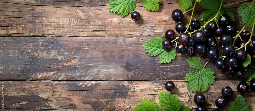 Poster Wooden rustic table with ripe blackcurrants leaves and a clear area for text ideal for a copy space image