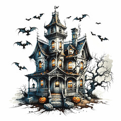 Fototapeta premium Abandoned Mansion Surrounded by Halloween Pumpkins and Shadows