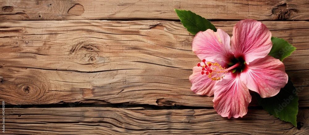 Leinwandbilder empty wooden background texture with a pink hibiscus flower surrounding it creating a serene copy sp