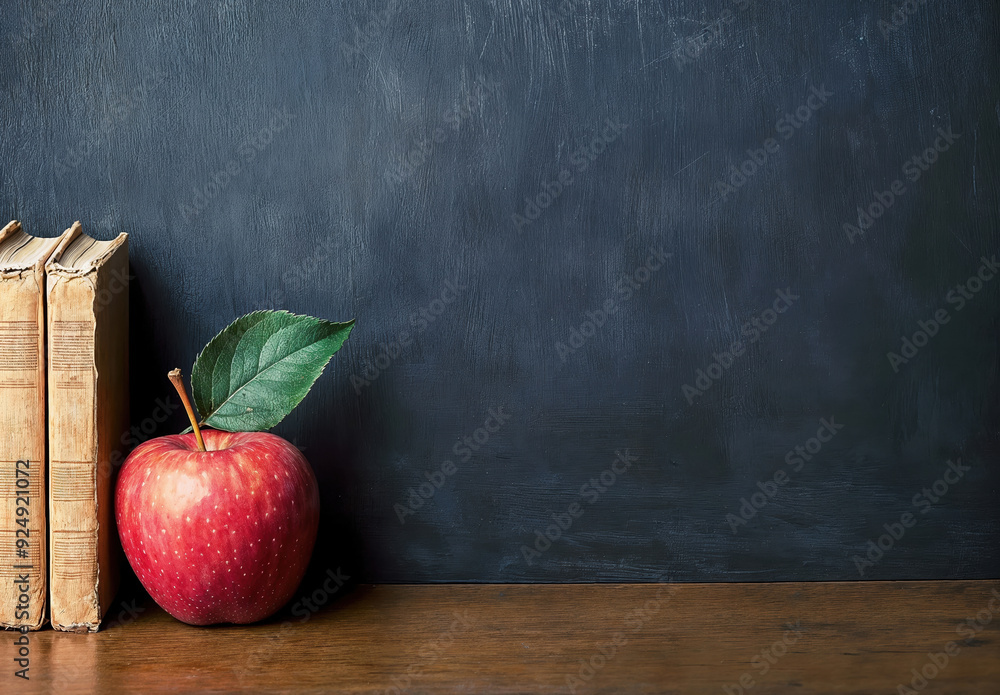 Aufkleber red apple with leaf and old books on wooden table with a blank blackboard in a classroom, providing 