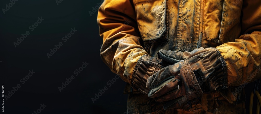 Aufkleber A worker in unique attire and gloves on a dark background in a horizontal banner with copy space image