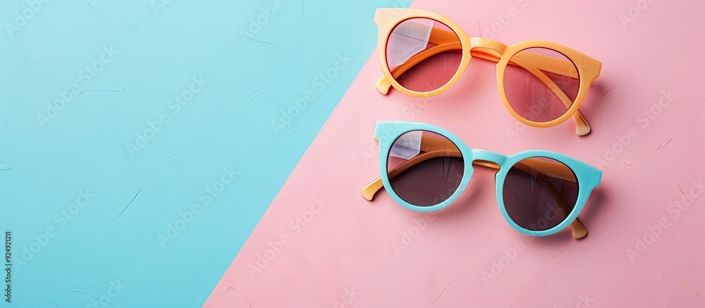 Poster Fashionable summer theme with trendy sunglasses displayed in a flat lay style on pastel backgrounds is depicted in the copy space image