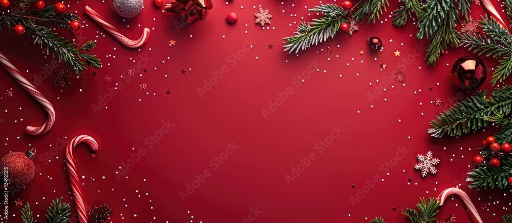 Sticker festive christmas scene with fir tree decorations candy canes on red backdrop flat lay shot from abo