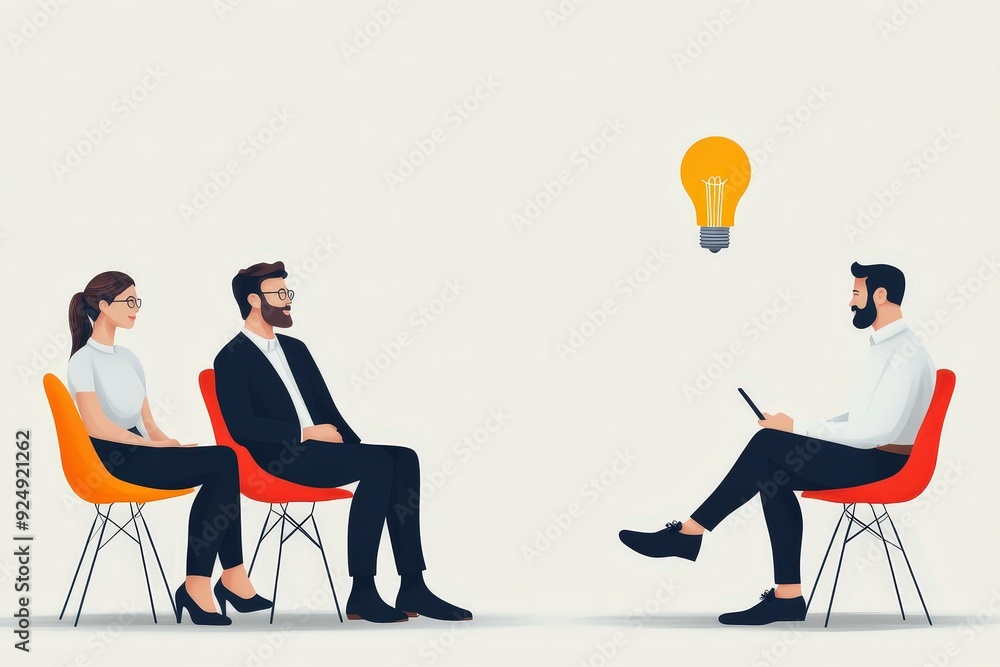 Poster business consultants engaging clients in a dynamic and inclusive idea-sharing session with lightbulb