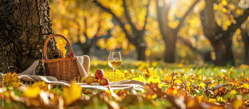 Poster a warm autumn picnic setting with a basket blanket wine glasses and yellow leaves by a tree on a sun