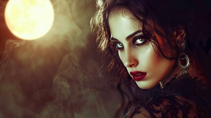 A mysterious figure captivates with an intense gaze in moonlit shadows