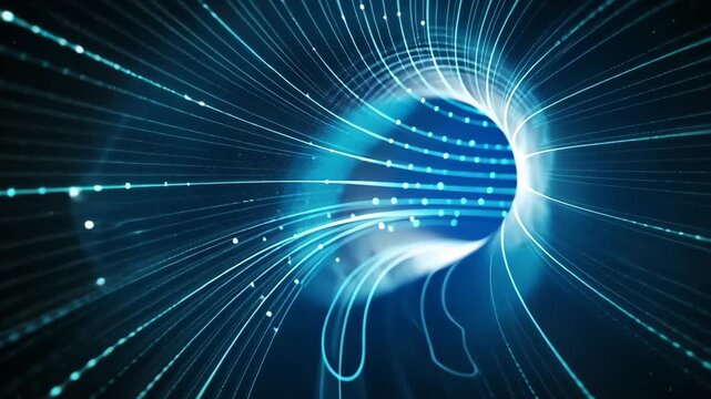 Abstract futuristic background with blue digital lines and glowing dots forming an open square tunnel on a dark backdrop.