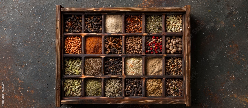 Aufkleber Overhead shot showcasing a variety of spice seeds and powders in a wooden box Plenty of space for adding text or graphics in the image. Creative banner. Copyspace image