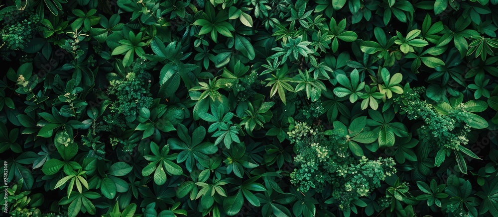 Poster overhead view of lush dark green foliage on a nature themed background suitable for adding text or i