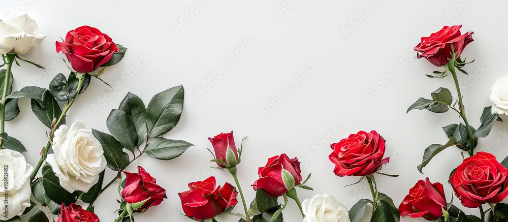 Poster Isolated red and white roses on a white backdrop with copy space image