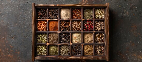 Overhead shot showcasing a variety of spice seeds and powders in a wooden box Plenty of space for adding text or graphics in the image. Creative banner. Copyspace image