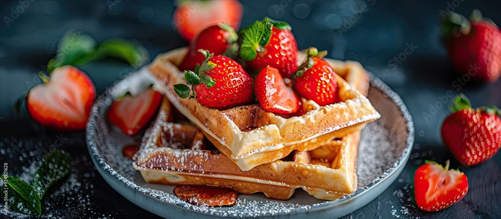 Poster Selective focus on waffles topped with fresh strawberries in a copy space image