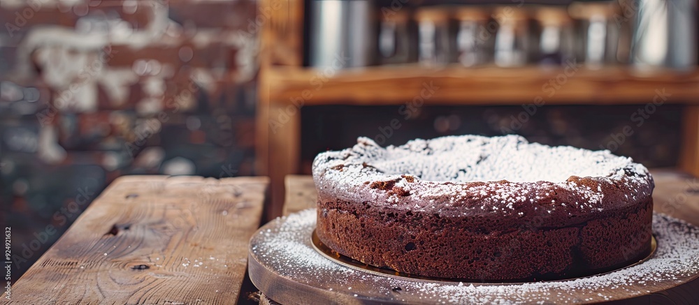 Leinwandbilder rustic chocolate cake topped with powdered sugar displayed on a wooden table with copy space image