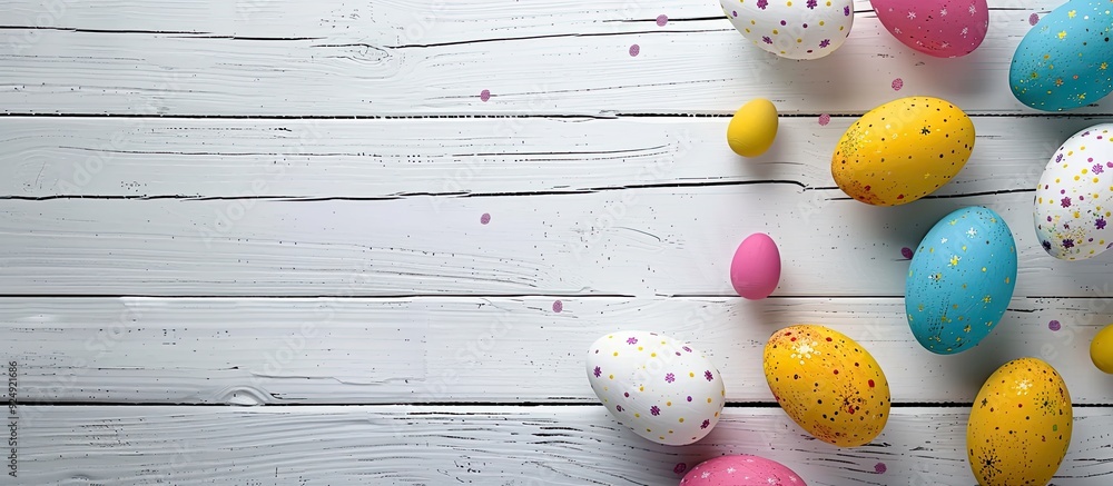 Leinwandbilder easter themed image with vibrant eggs on a white wooden backdrop ideal for easter greetings or festi