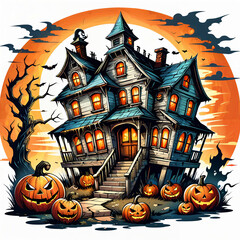 Creepy Old House with Glowing Pumpkin Faces and Bats