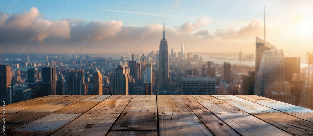 Fototapete Wooden table with cityscape view in the background offering space for displaying products or objects in an advertisement concept is a copy space image