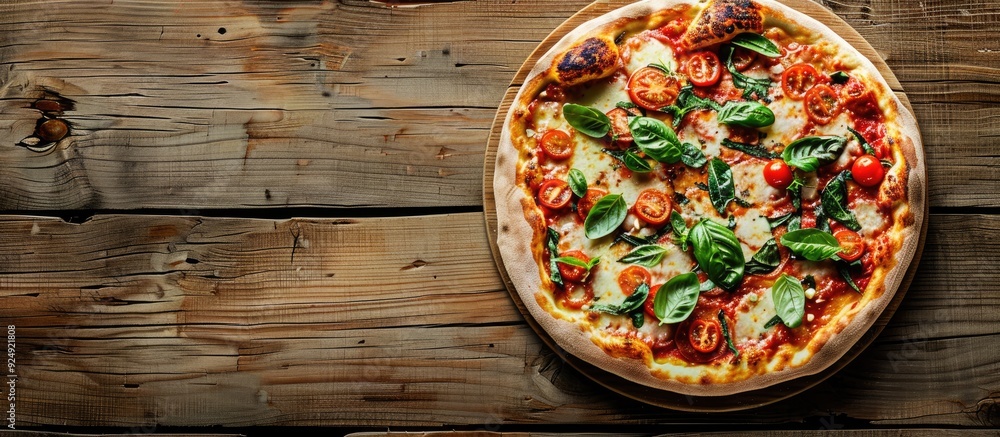 Poster italian pizza on rustic wooden backdrop with copy space image