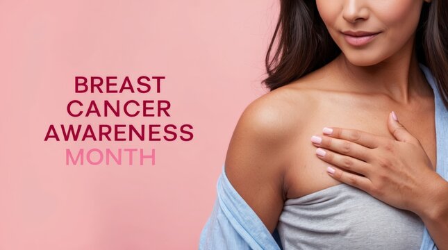 Woman touching her breast, ribbon symbolizing breast cancer, with phrase Breast Cancer Awareness Month, light pink background.