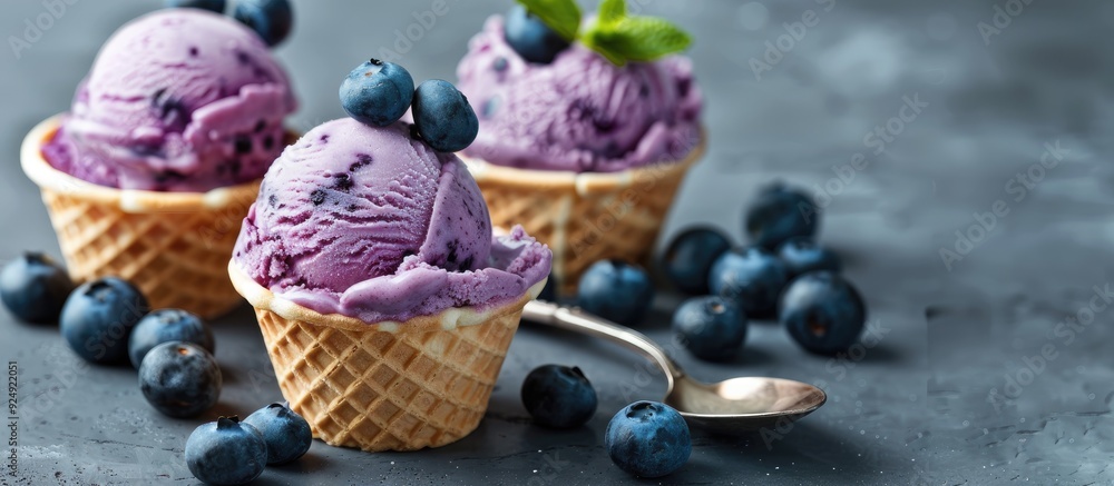 Poster a summer themed scene on a gray backdrop featuring three servings of blueberry ice cream in a waffle