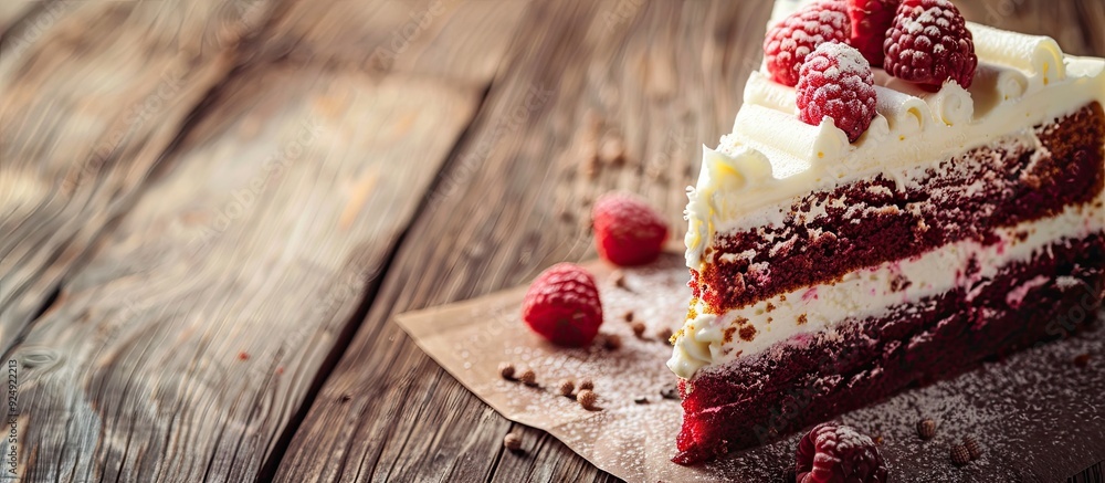 Poster tasty cake on a wooden backdrop with copy space image