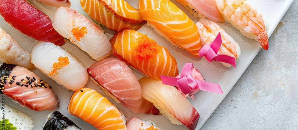 Poster a platter displaying various nigiri sushi types featuring assorted fish nigiri and one topped with a
