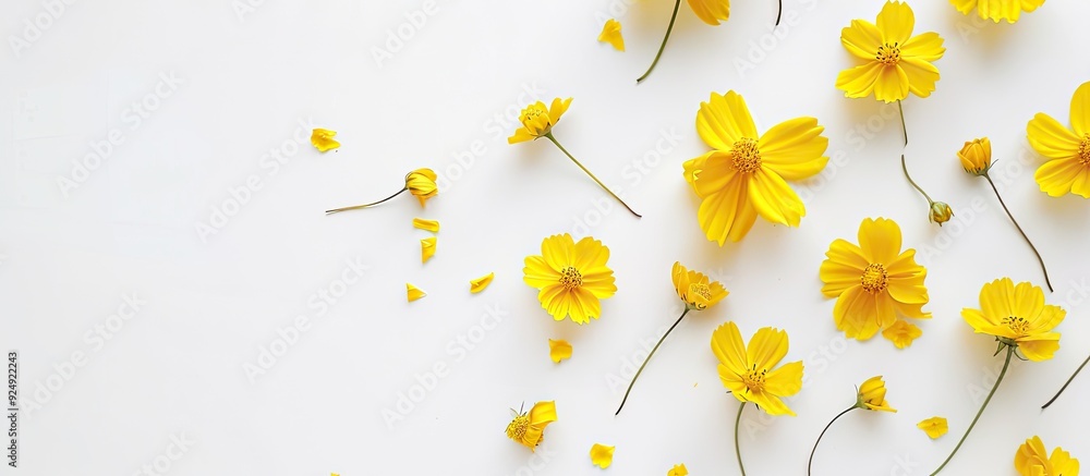 Poster spring themed yellow flowers on a white backdrop highlighting the essence of the season with a copy 