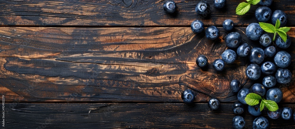 Poster rustic wooden surface featuring fresh blueberries with copy space image