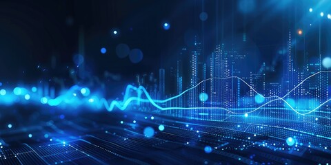 Obraz premium Blue gradient background, data visualization of financial, with light lines and blue as the main color tone. The lower part is composed in the style of technological line. Generative AI.