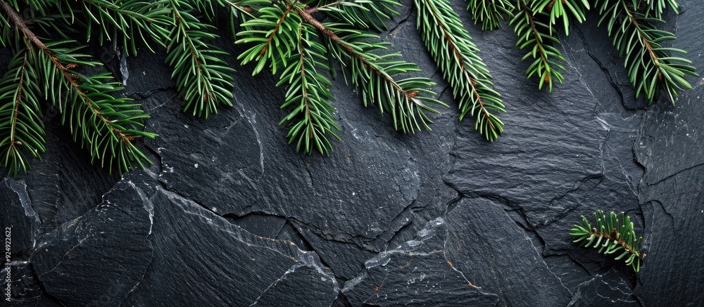 Fototapete copy space image featuring fir tree branches against a black slate backdrop for christmas or new yea