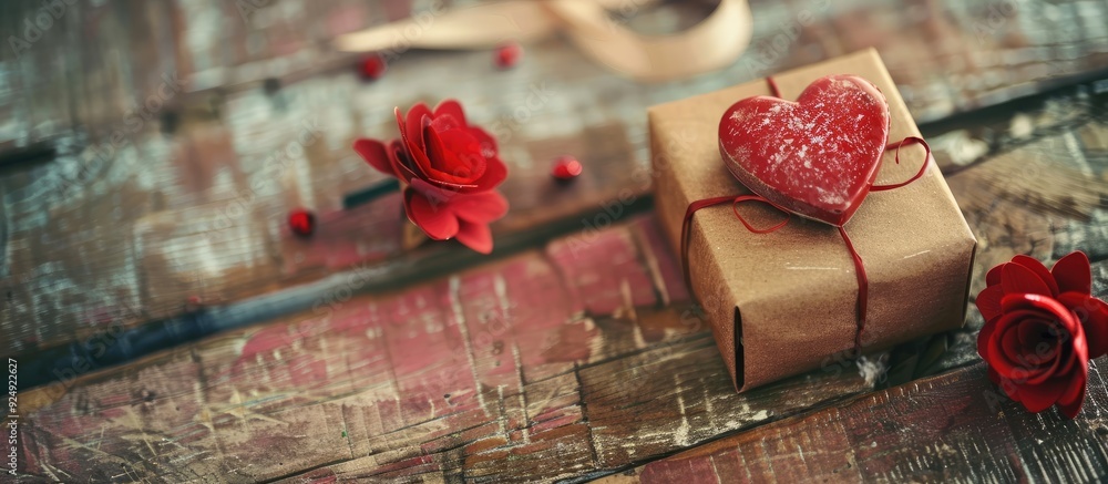 Poster vintage toned valentine s day themed toy heart and gift box displayed on a rustic wooden table with 