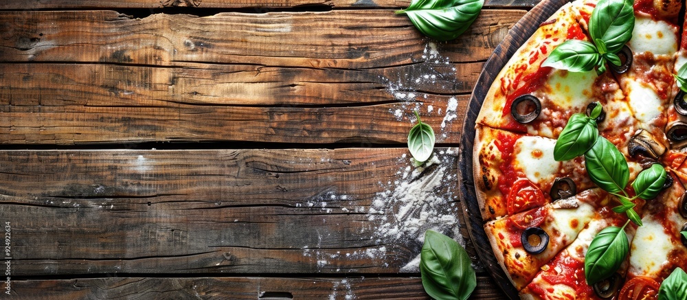 Aufkleber Tasty Italian pizza with a tempting array of toppings on a rustic wooden table with a copious amount of melted cheese and fresh tomato sauce perfect for any mealtime copy space image