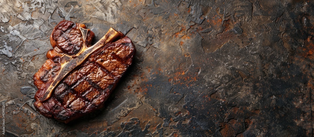 Aufkleber Top down view of a T bone steak on a stone surface providing ample copy space in the image