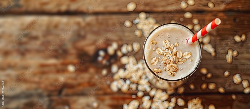 Poster wooden background featuring a glass of oat milk with a red paper straw leaving space for other eleme