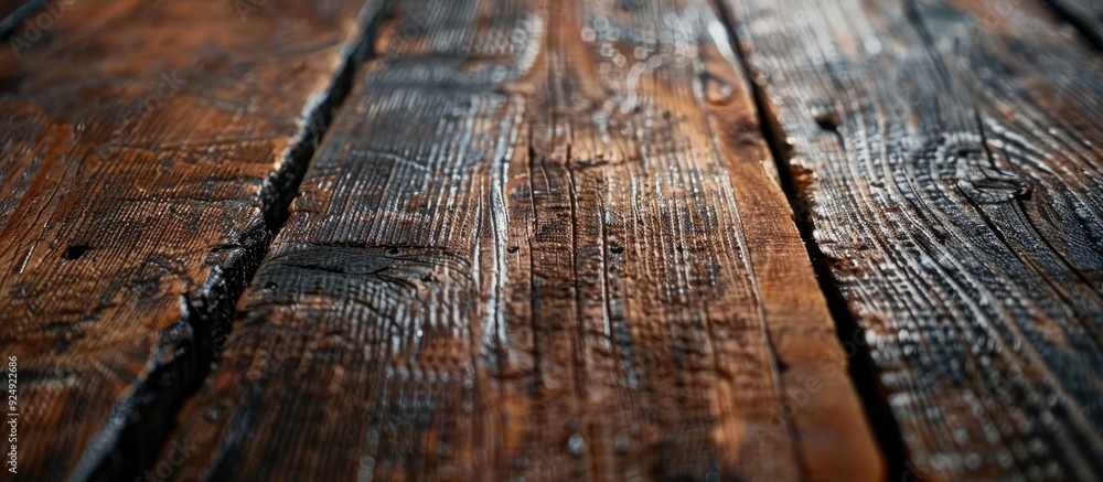 Poster Macro shot of rustic wooden table showcasing its grain texture in vintage style providing a blank canvas with copy space for background wallpaper or design elements