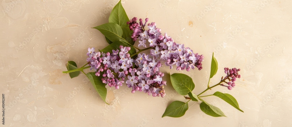 Poster Floral lilac branch displayed as a flat lay with a close up view on a soft beige background offering copy space in a top view composition square