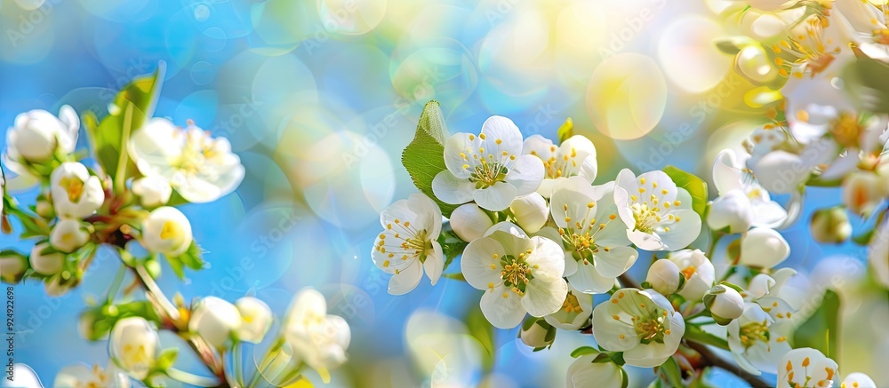Poster flowering pear trees with a picturesque blue sky backdrop exhibiting a spring setting showcasing a d
