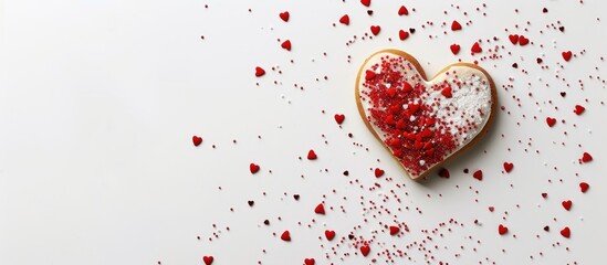 Fototapeta premium Valentine s Day celebration with a heart shaped cookie on a white background in a copy space image