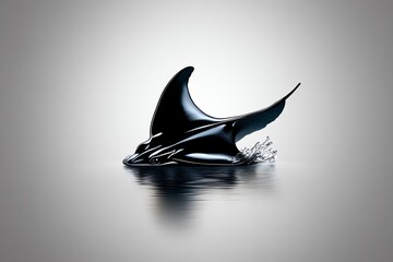 Fototapeta premium A black manta ray leaps out of the water, creating a splash, against a white background. Its silhouette is striking and elegant.
