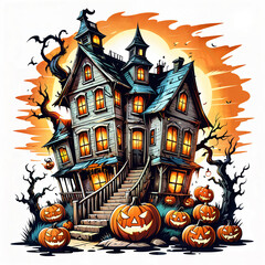 Eerie Graveyard Scene with a Witch and Haunted House