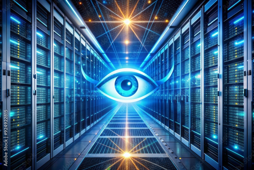 Poster illuminated eye icon hovers above rows of humming servers, surrounded by swirling data streams and g