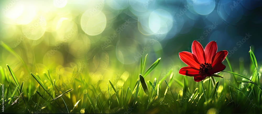 Poster lovely backdrop for spring with gentle hues and a vibrant red flower as the focal point in a copy sp